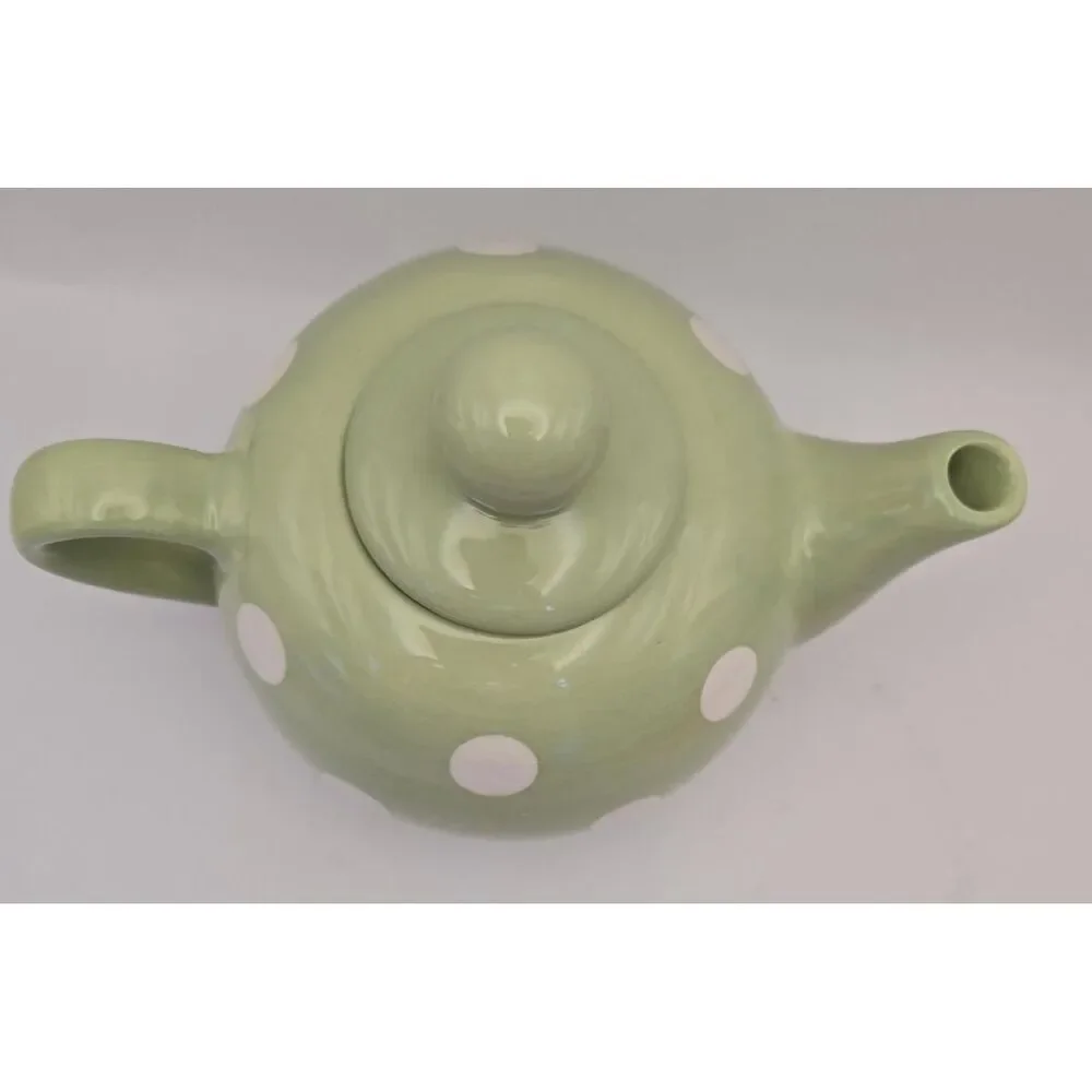 Mint Green Teapot With Lid  And White‎ Polkadots Durable Stoneware Ceramic